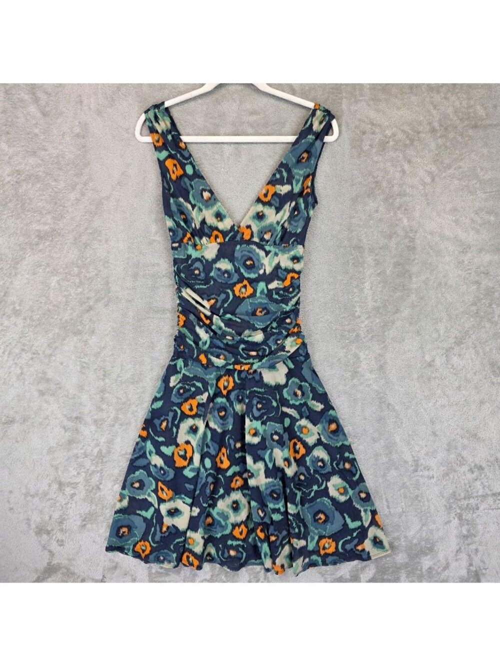 Arden B Dress Womens S Blue Floral Mesh V Neck Ruched Fit & Flare Mini Sundress